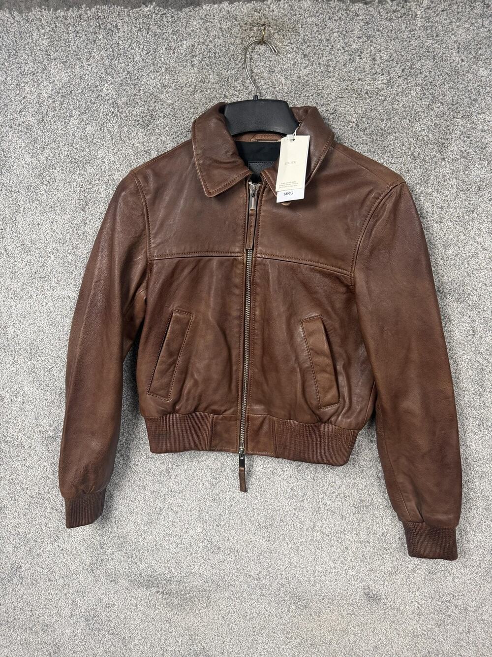 Mango Leather Bomber Jacket Womens S Brown Collared Zip Pockets Classic Chic